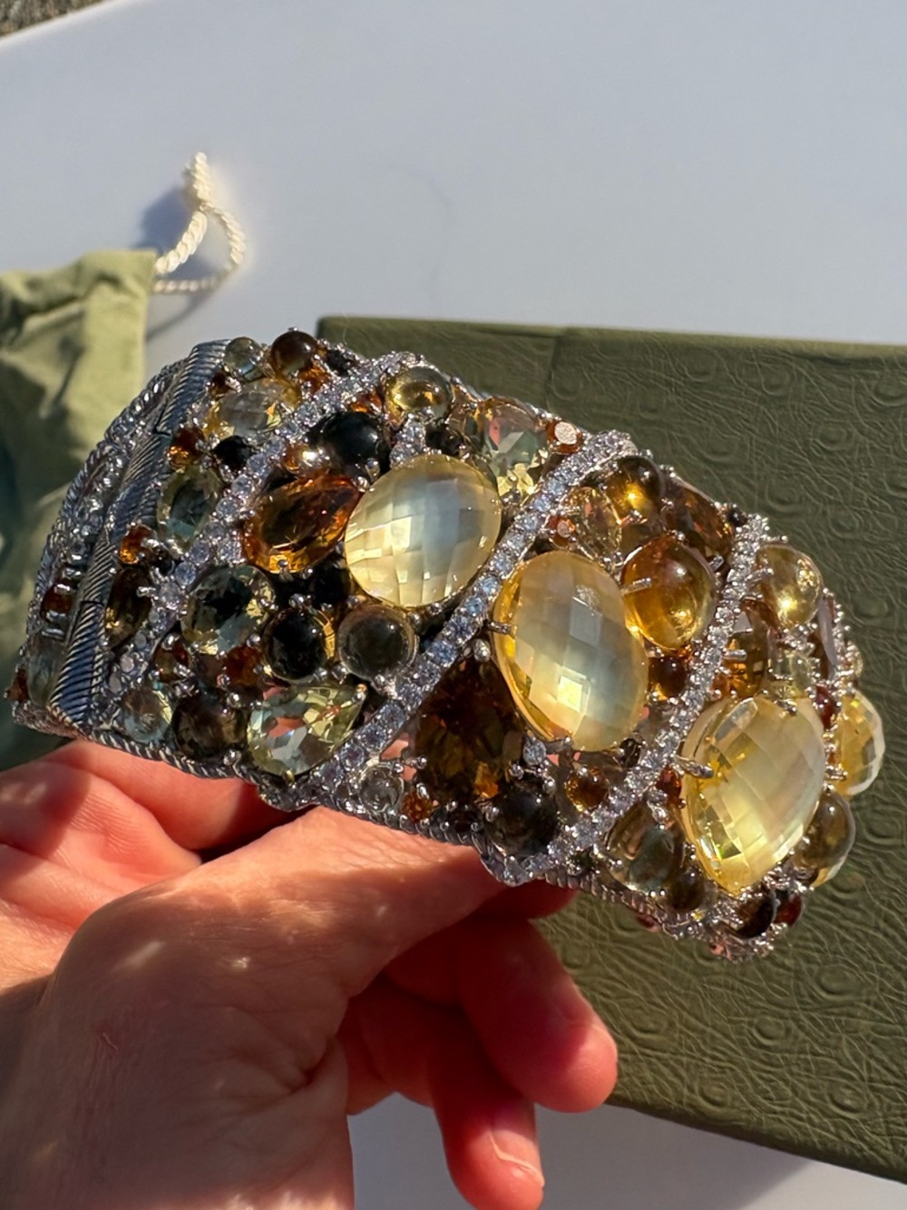 Judith Ripka multi gemstone bracelet wide Cuff Sterling silver CZ hinged 925 - Picture 15 of 17